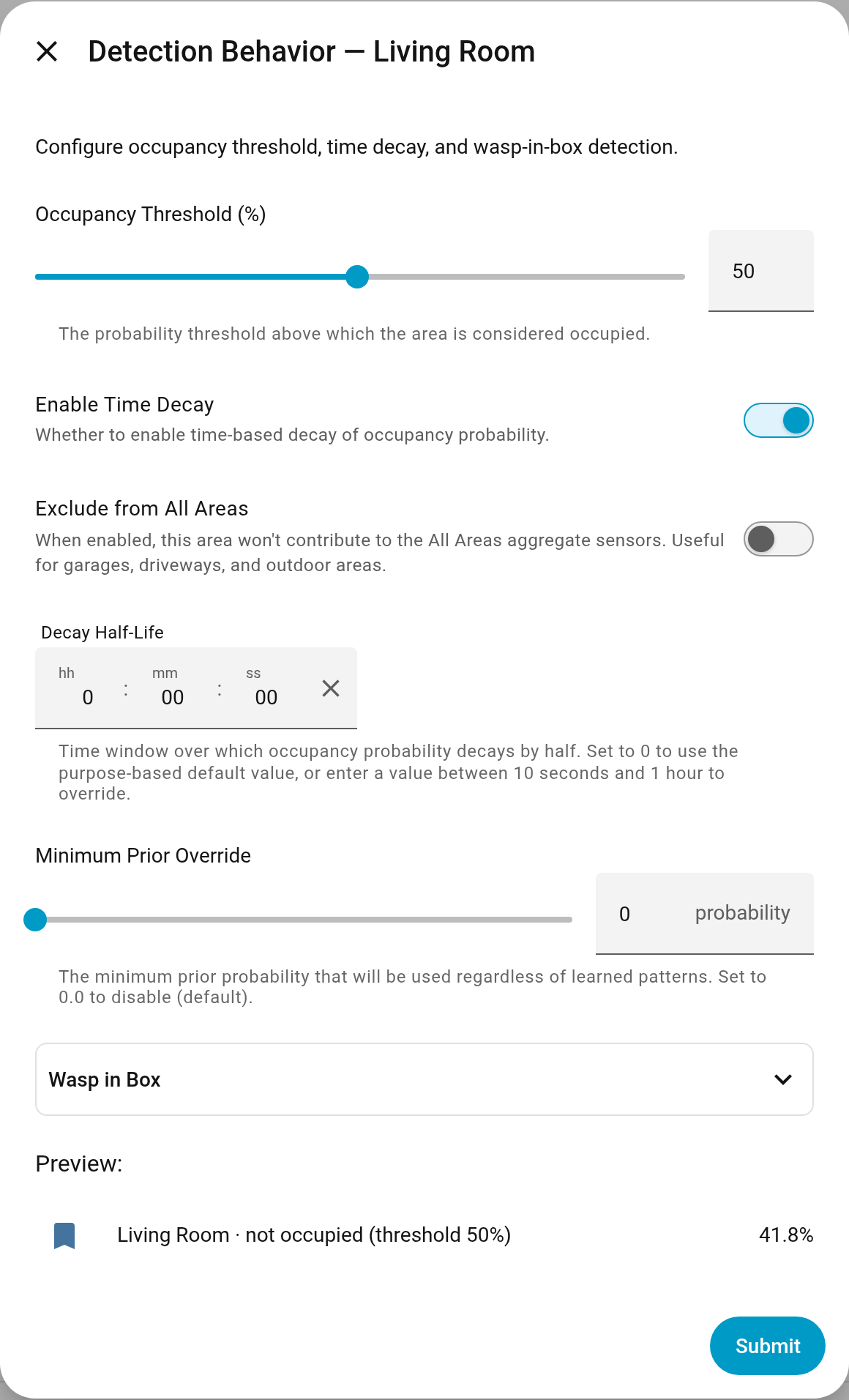 Detection behaviour with its live preview