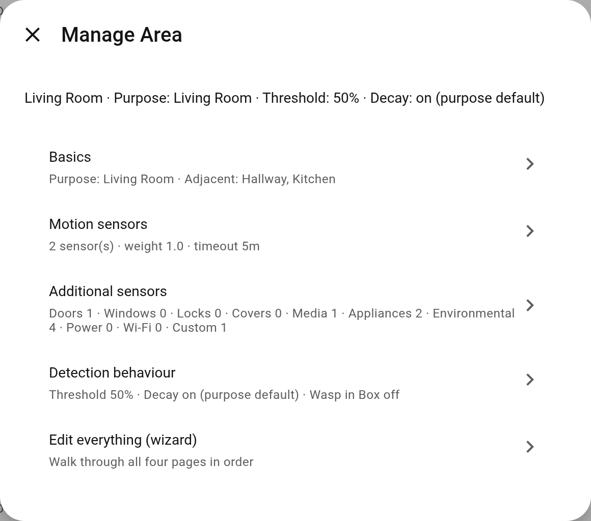 An area's edit menu