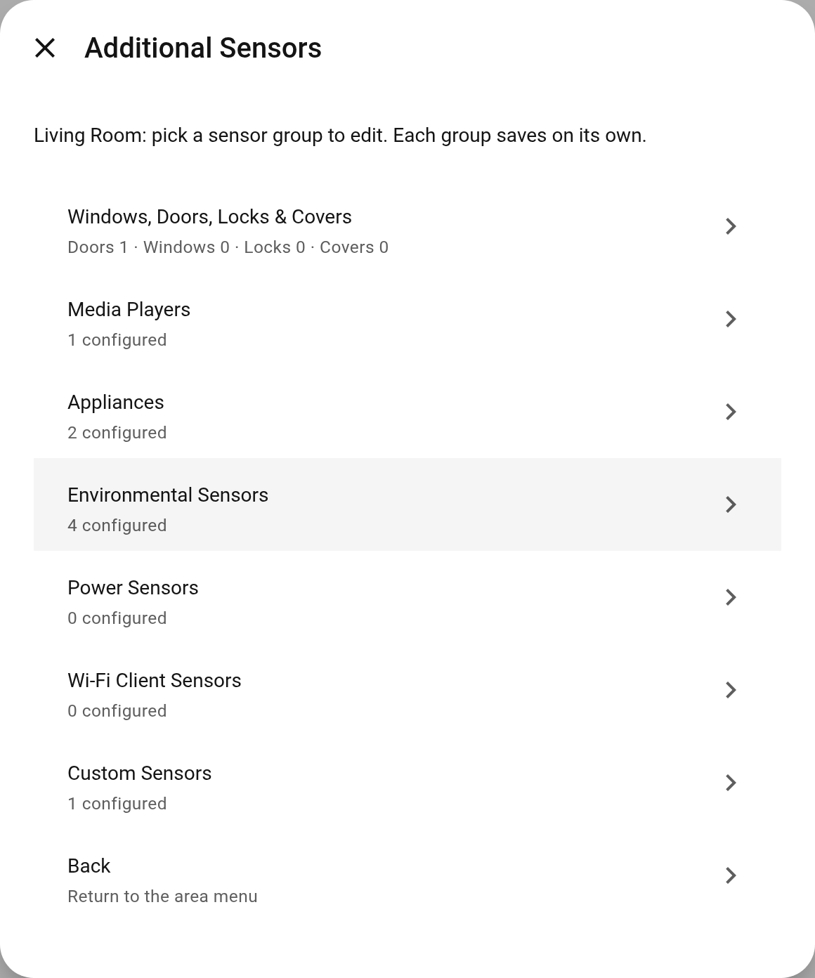 The additional sensors menu