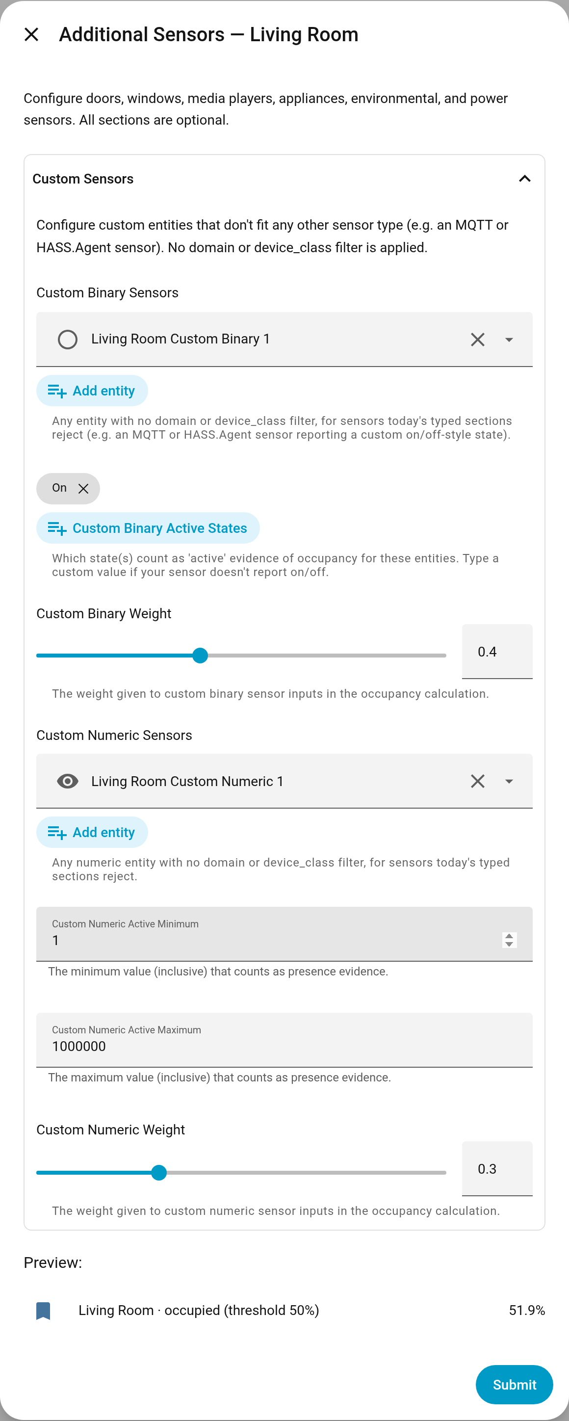 The custom sensors section: unfiltered binary and numeric entities