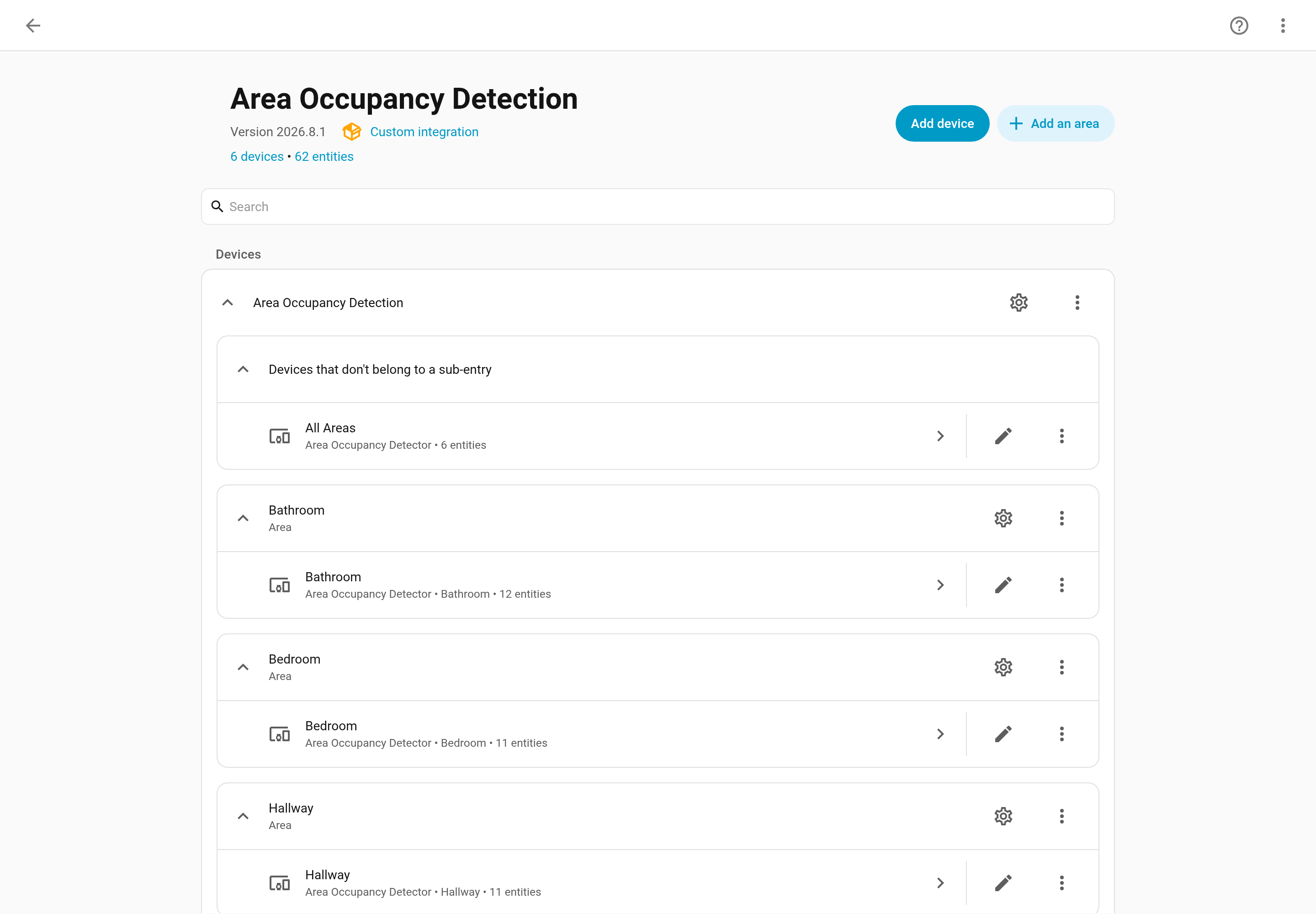 The integration page, one group per area